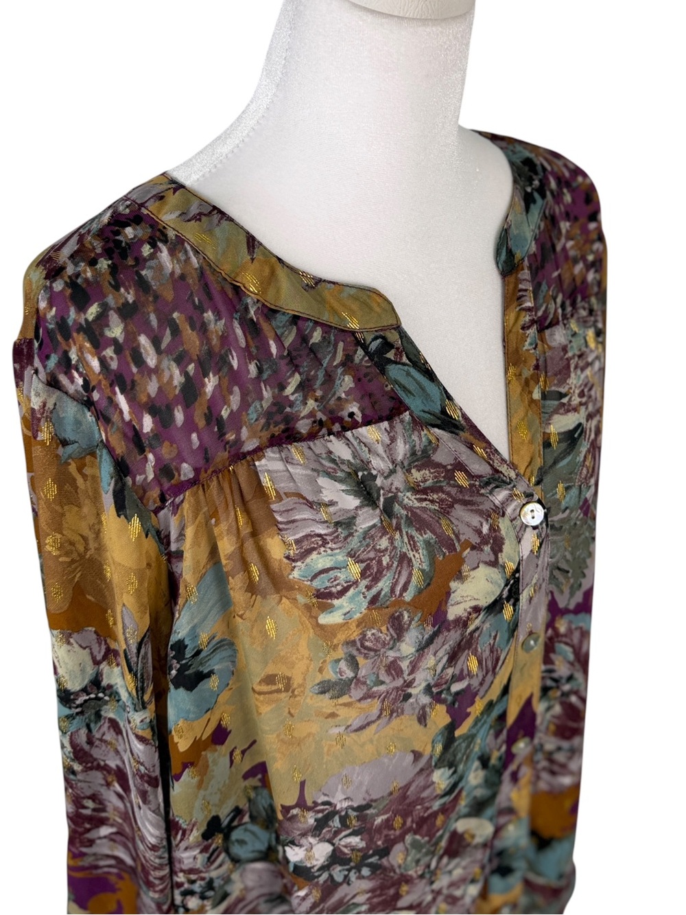 Figueroa & Flower Sheer Floral Button-Down Shirt in Purple & Gold Plus Size 1X - Picture 8 of 11